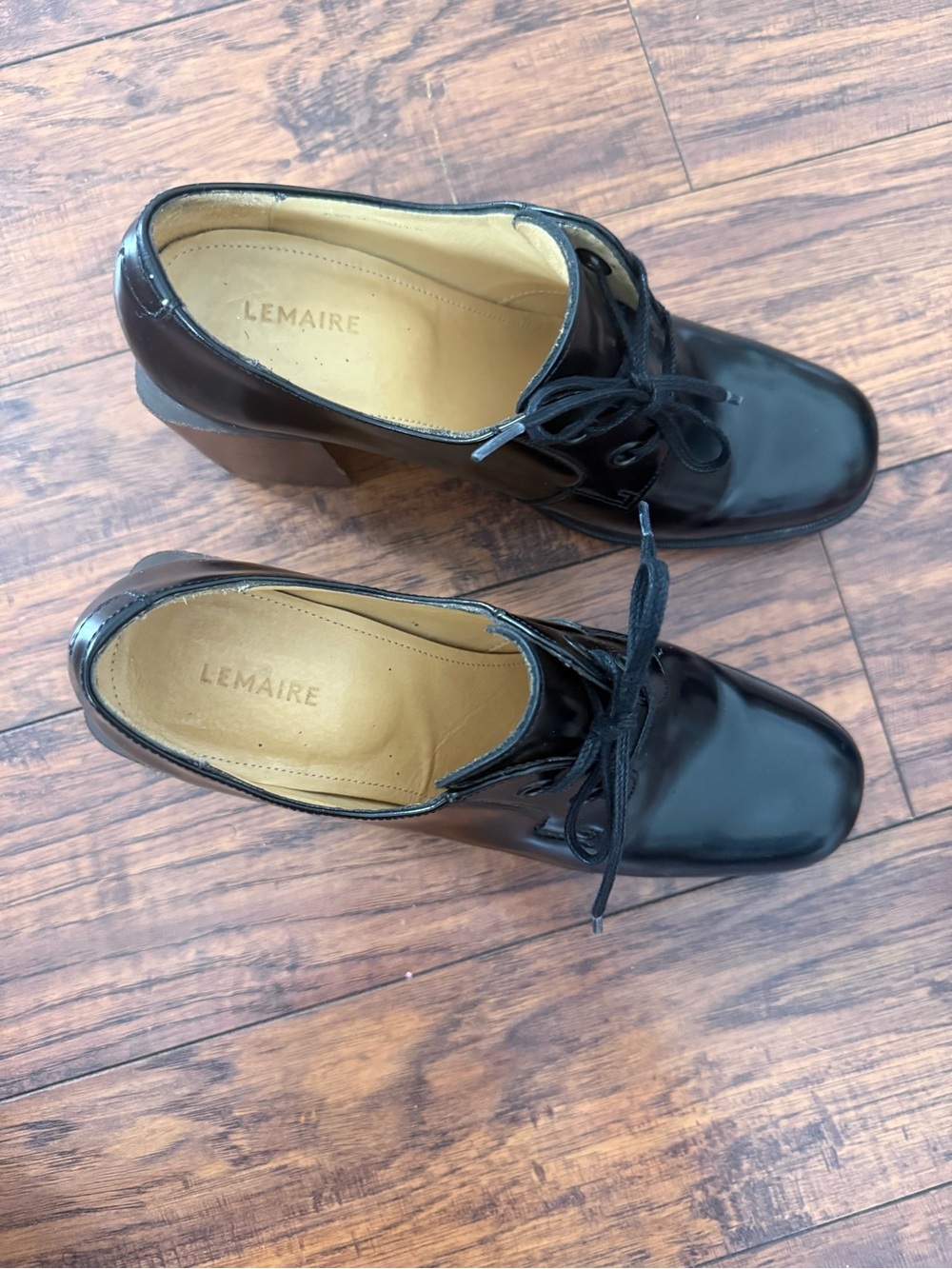 Lemaire Black Derby Leather Block Heels Lace-Up Oxford Shoes Classic Luxury | 39 - Picture 2 of 7